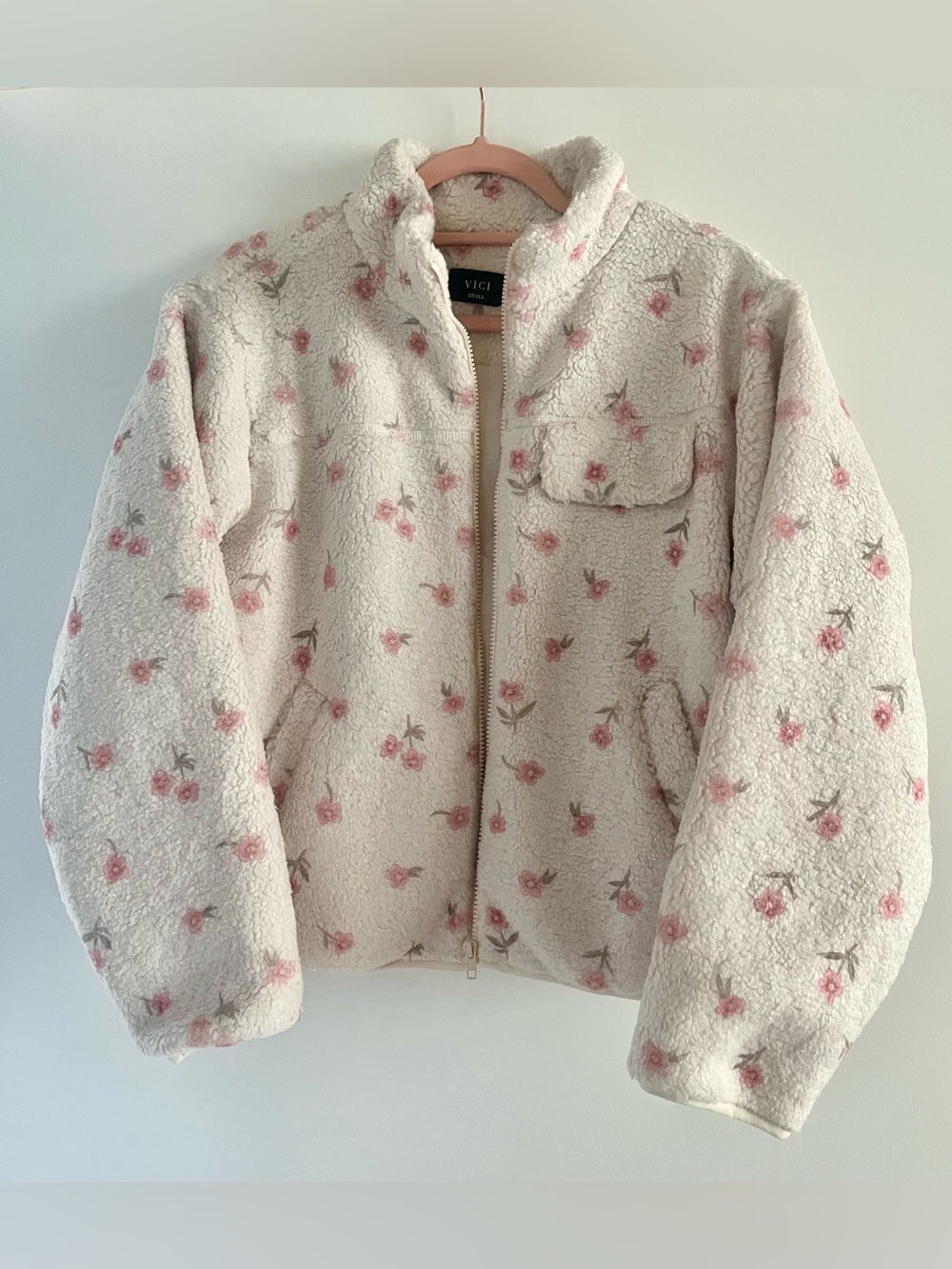 Vici Cream Teddy Jacket with Pink Floral Print